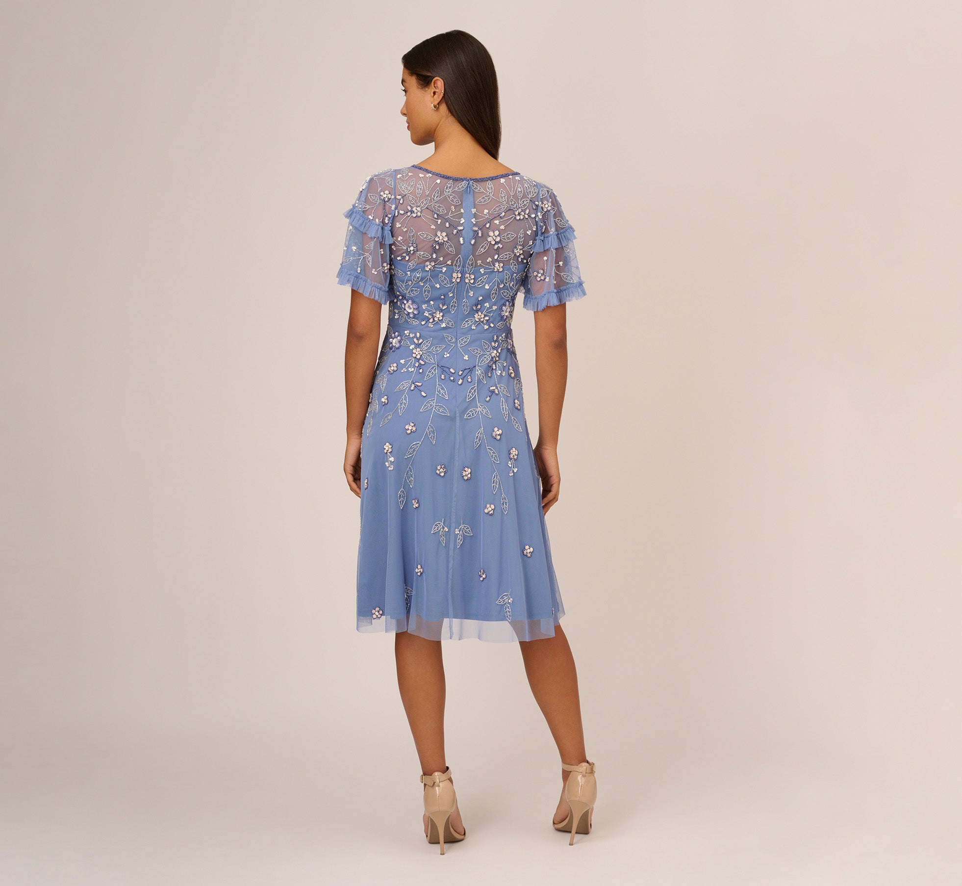 Beaded Midi Dress With Sheer Ruffled Sleeves In French Blue