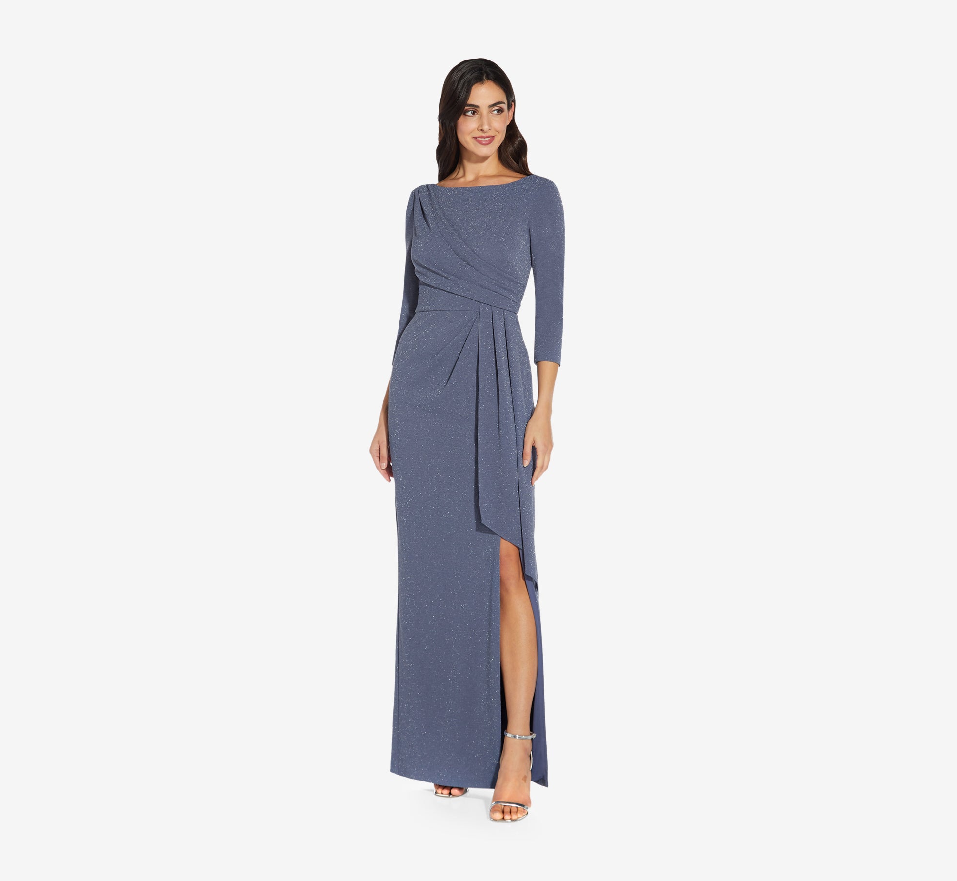 Metallic Knit Long Draped Column Gown In Steel Blue | Adrianna