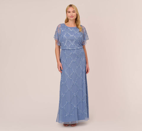 Plus Size Hand-Beaded Blouson Long Gown With Flutter Sleeves In French Blue
