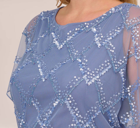 Plus Size Hand-Beaded Blouson Long Gown With Flutter Sleeves In French Blue