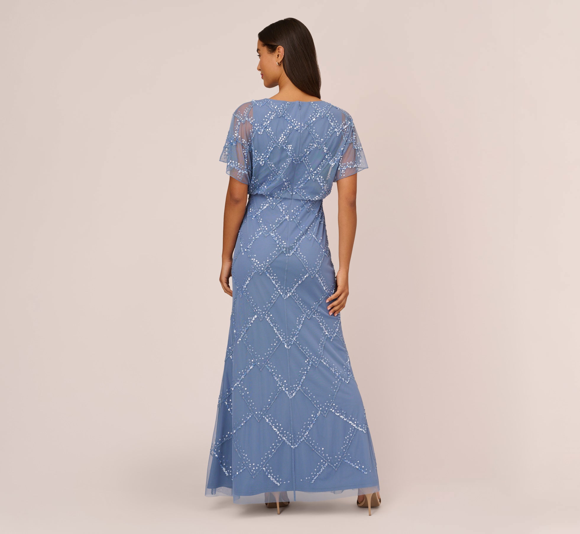 Hand Beaded Blouson Long Gown With Flutter Sleeves In French Blue