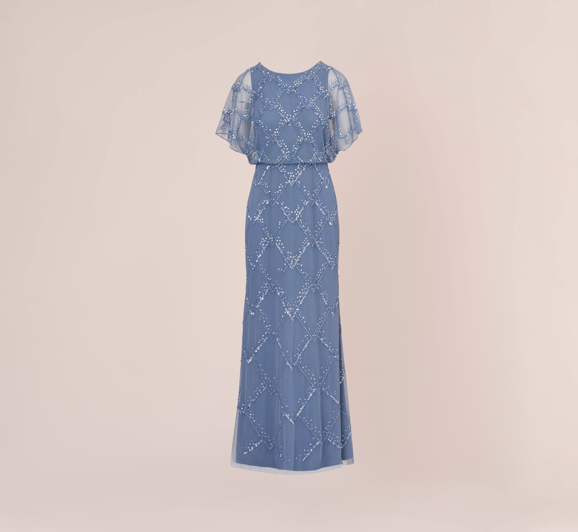 Hand Beaded Blouson Long Gown With Flutter Sleeves In French Blue