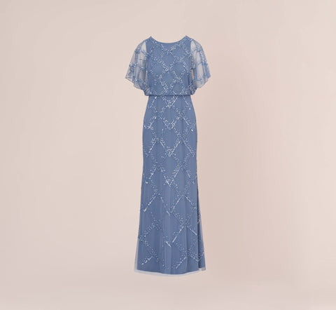 Hand-Beaded Blouson Long Gown With Flutter Sleeves In French Blue