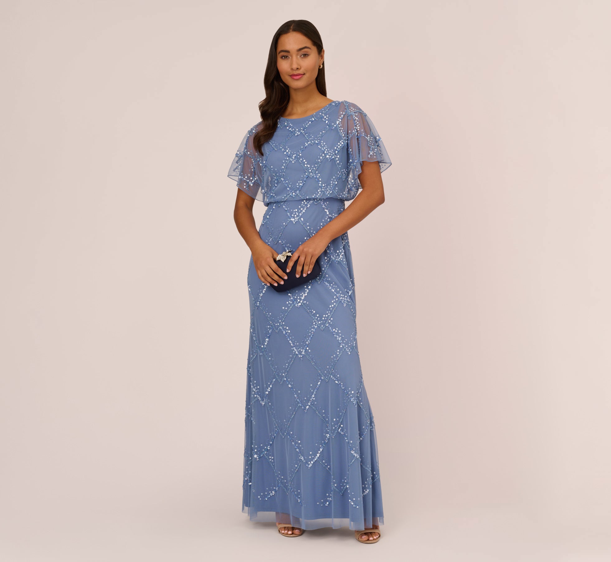 Hand-Beaded Blouson Long Gown With Flutter Sleeves In French Blue 1