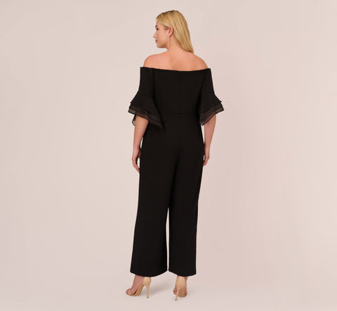 Plus Size Off The Shoulder Crepe Jumpsuit With Organza Sleeves In Black