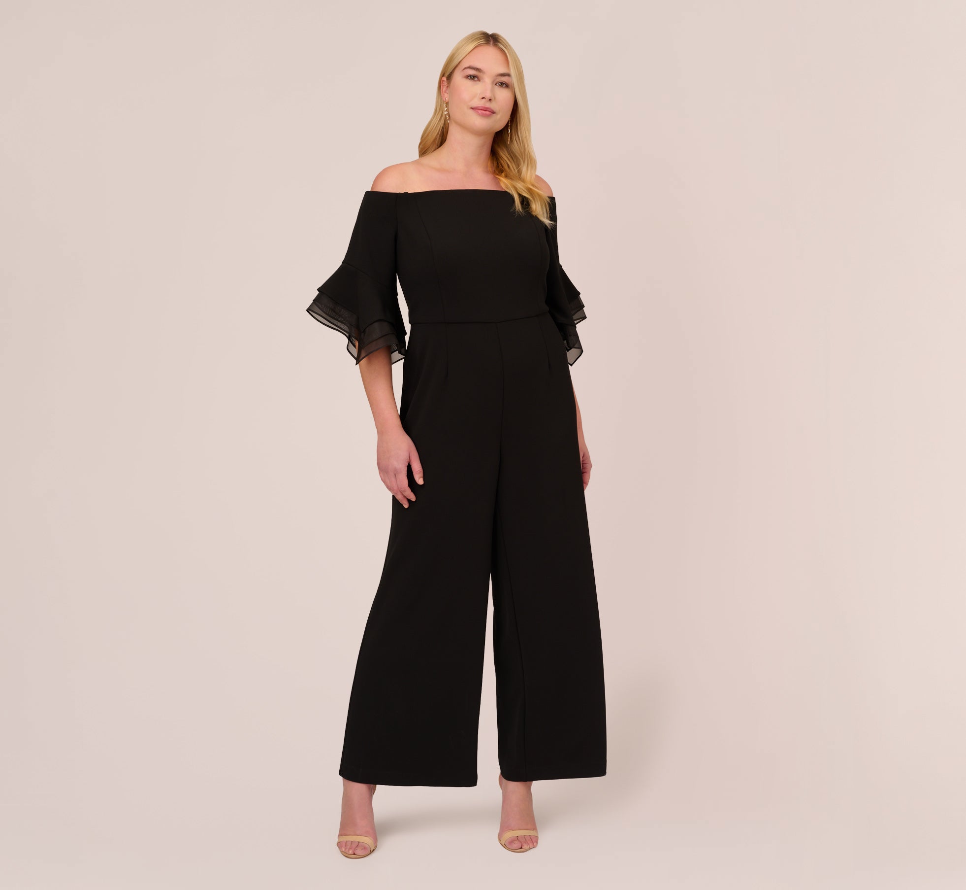 Plus Size Off The Shoulder Crepe Jumpsuit With Organza Sleeves In