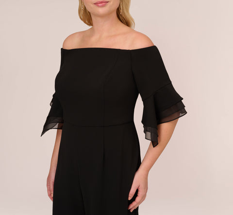 Plus Size Off The Shoulder Crepe Jumpsuit With Organza Sleeves In Black