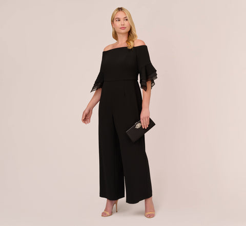 Plus Size Off The Shoulder Crepe Jumpsuit With Organza Sleeves In Black