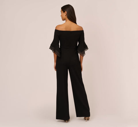 Off The Shoulder Crepe Jumpsuit With Organza Sleeves In Black