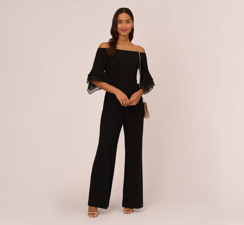 Off The Shoulder Crepe Jumpsuit With Organza Sleeves In Black Adrianna Papell