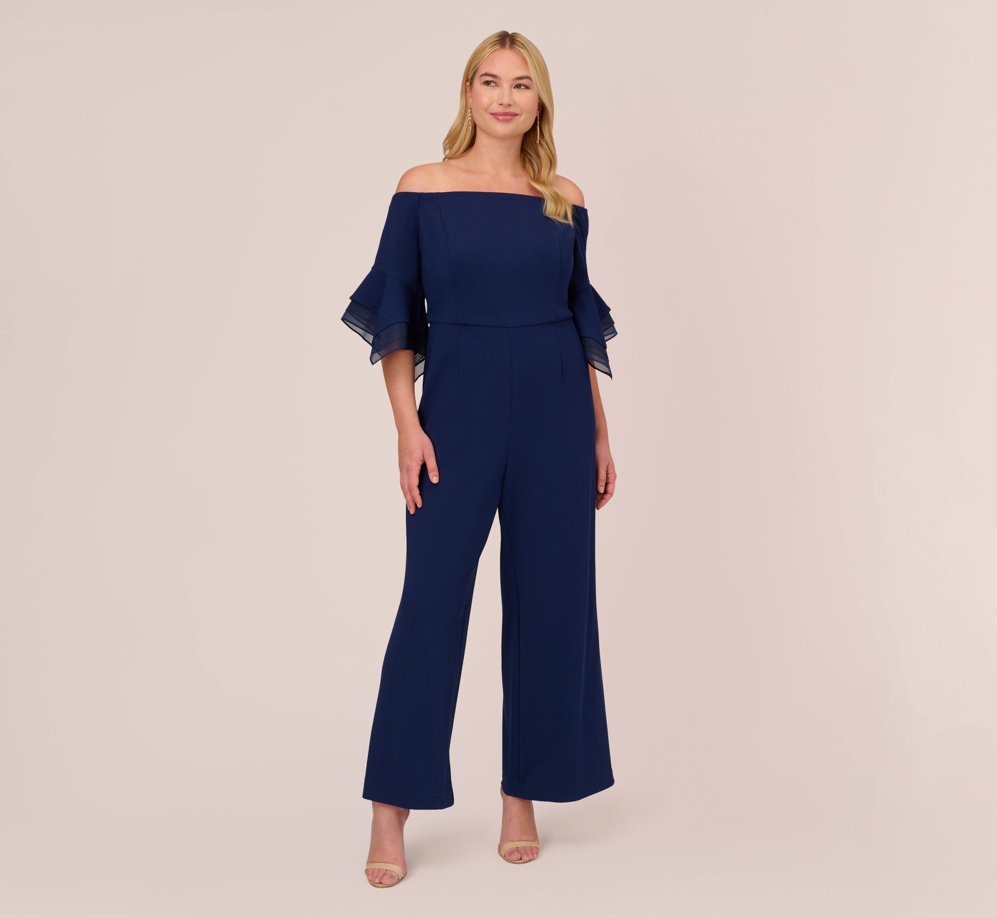 Plus Size Off The Shoulder Crepe Jumpsuit With Organza Sleeves In