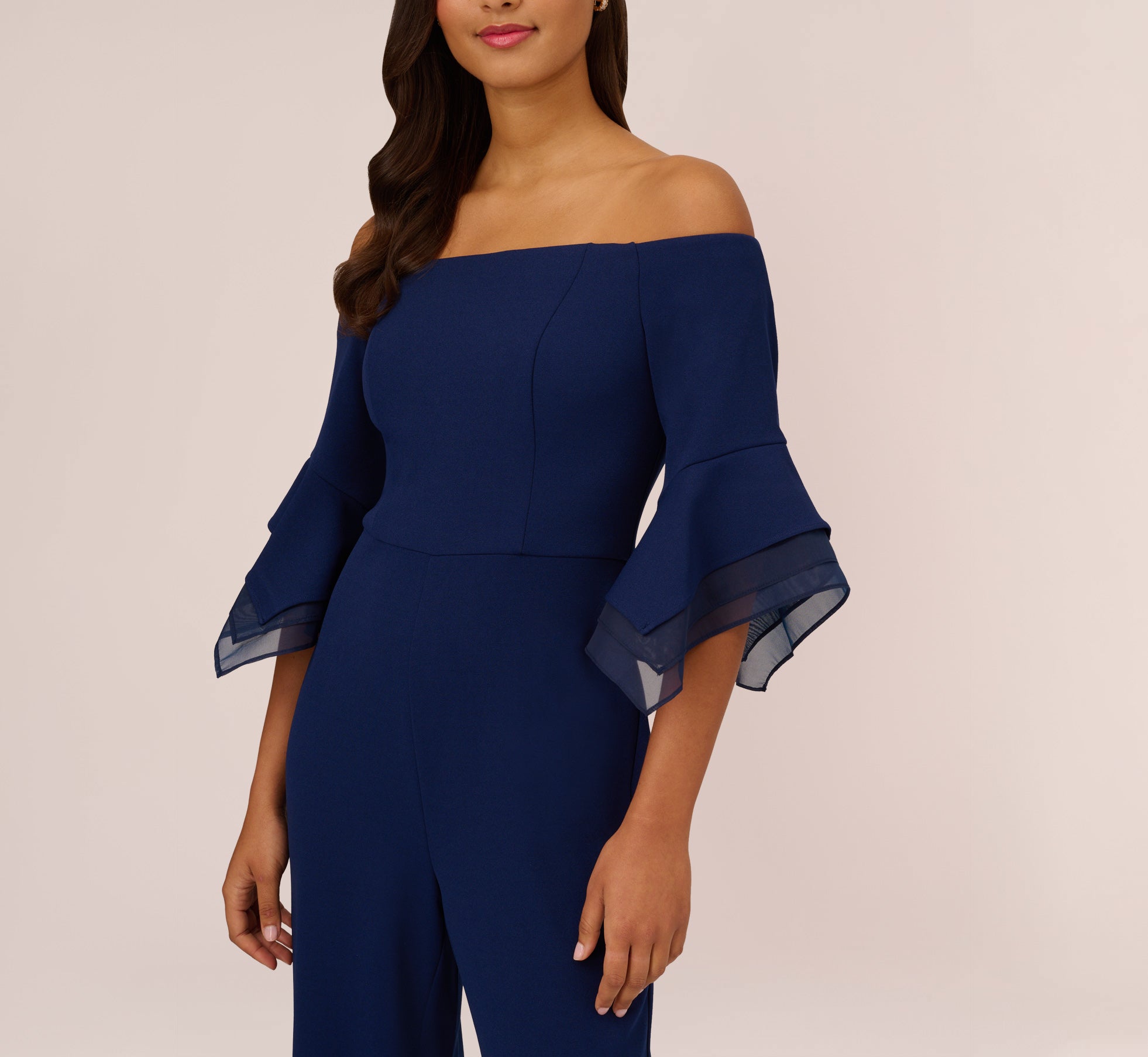 Off The Shoulder Crepe Jumpsuit With Organza Sleeves In Navy