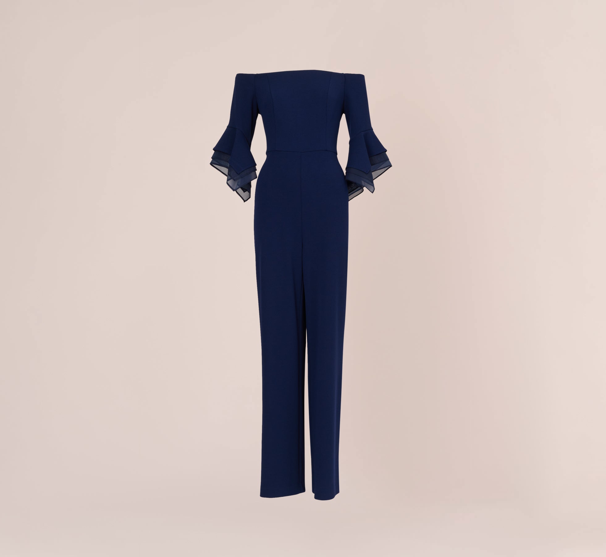 Off The Shoulder Crepe Jumpsuit With Organza Sleeves In Navy