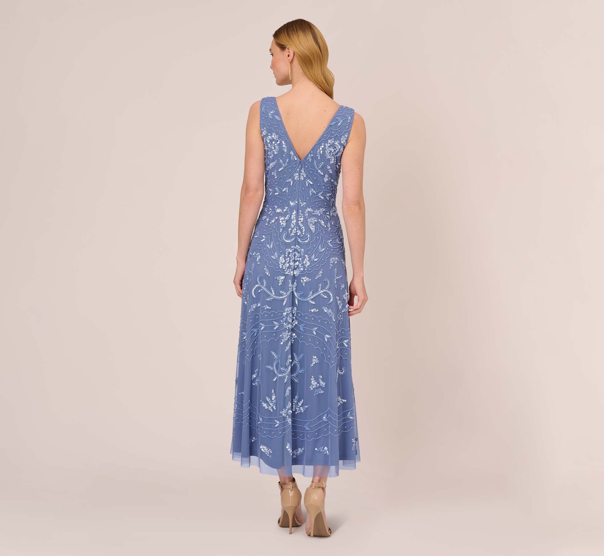 Hand Beaded Ankle Length Dress In French Blue Adrianna Papell