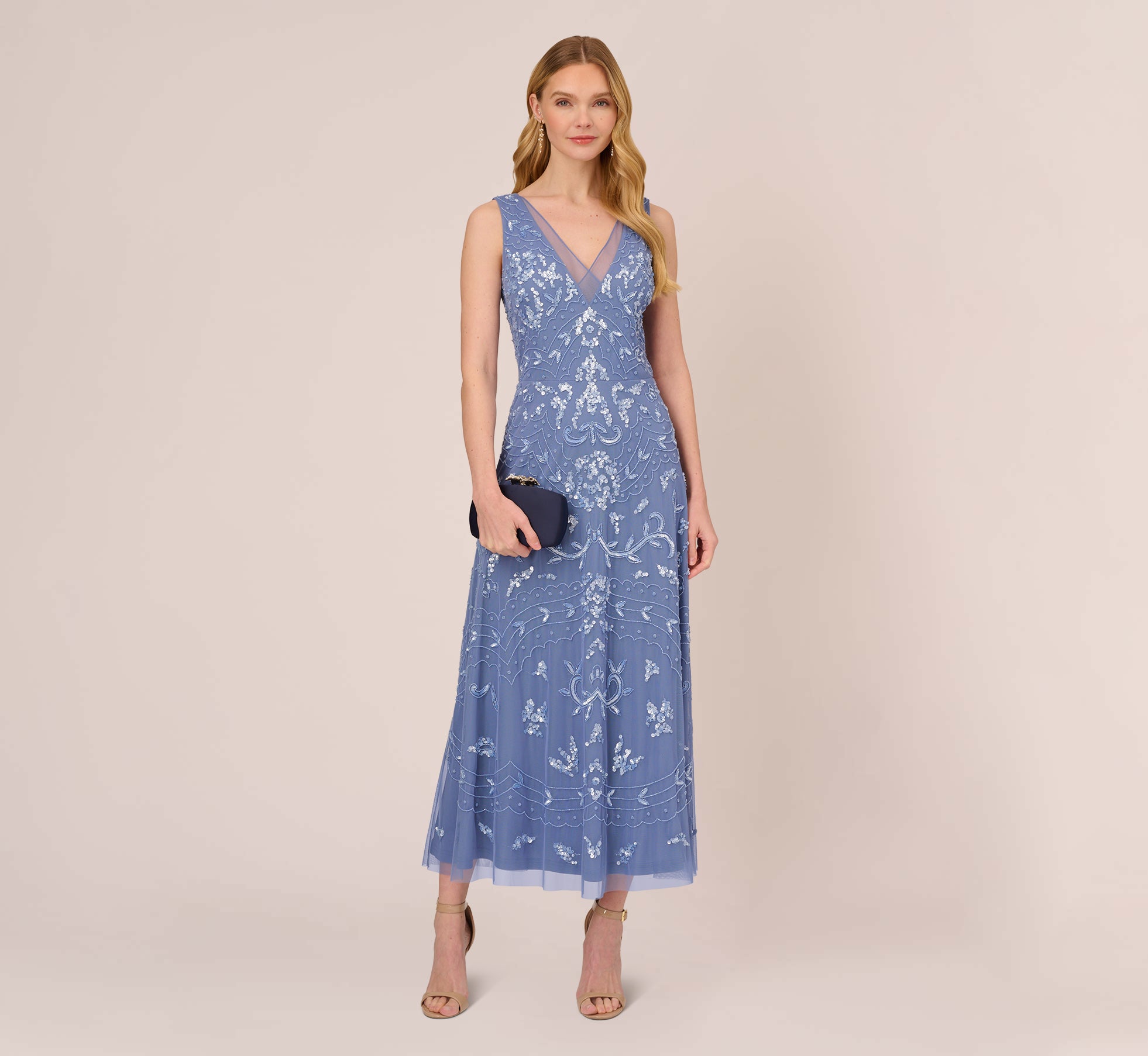 Hand Beaded Ankle Length Dress In French Blue Adrianna Papell