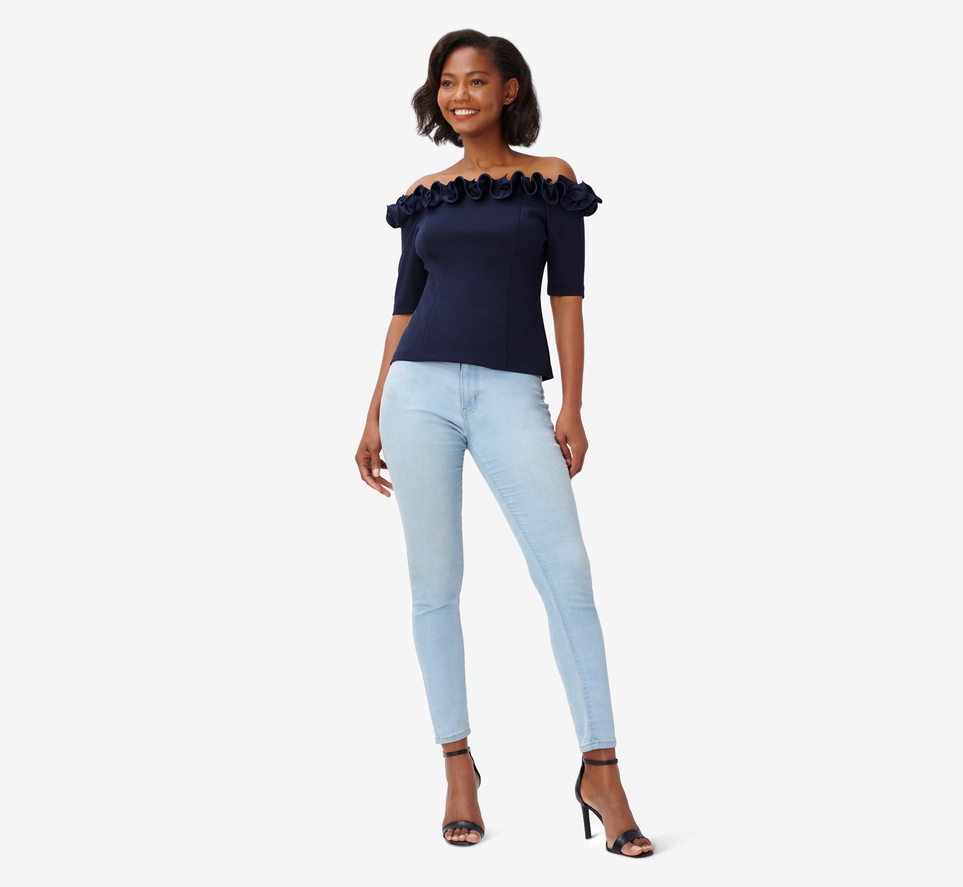 Crepe Satin Rosette Off The Shoulder Top In Midnight Adrianna