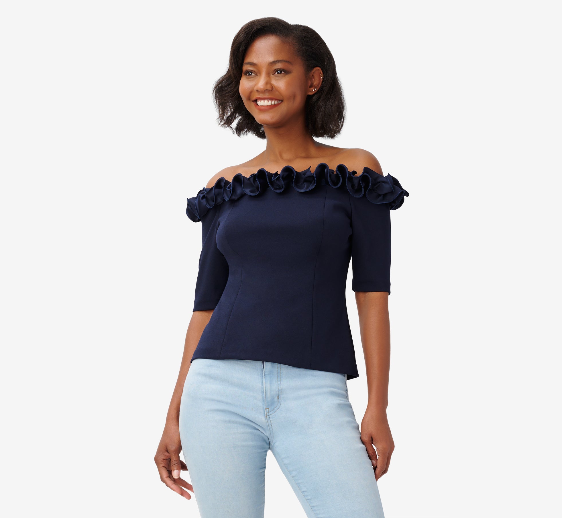 Crepe Satin Rosette Off-The-Shoulder Top In Midnight