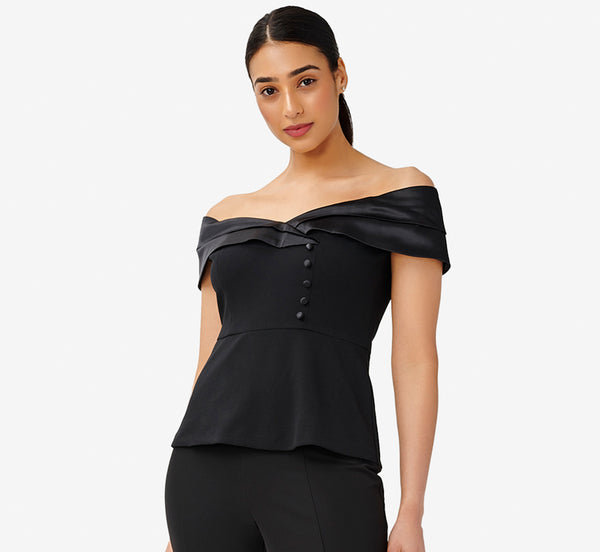 Off The Shoulder Satin And Crepe Top In Black Adrianna Papell