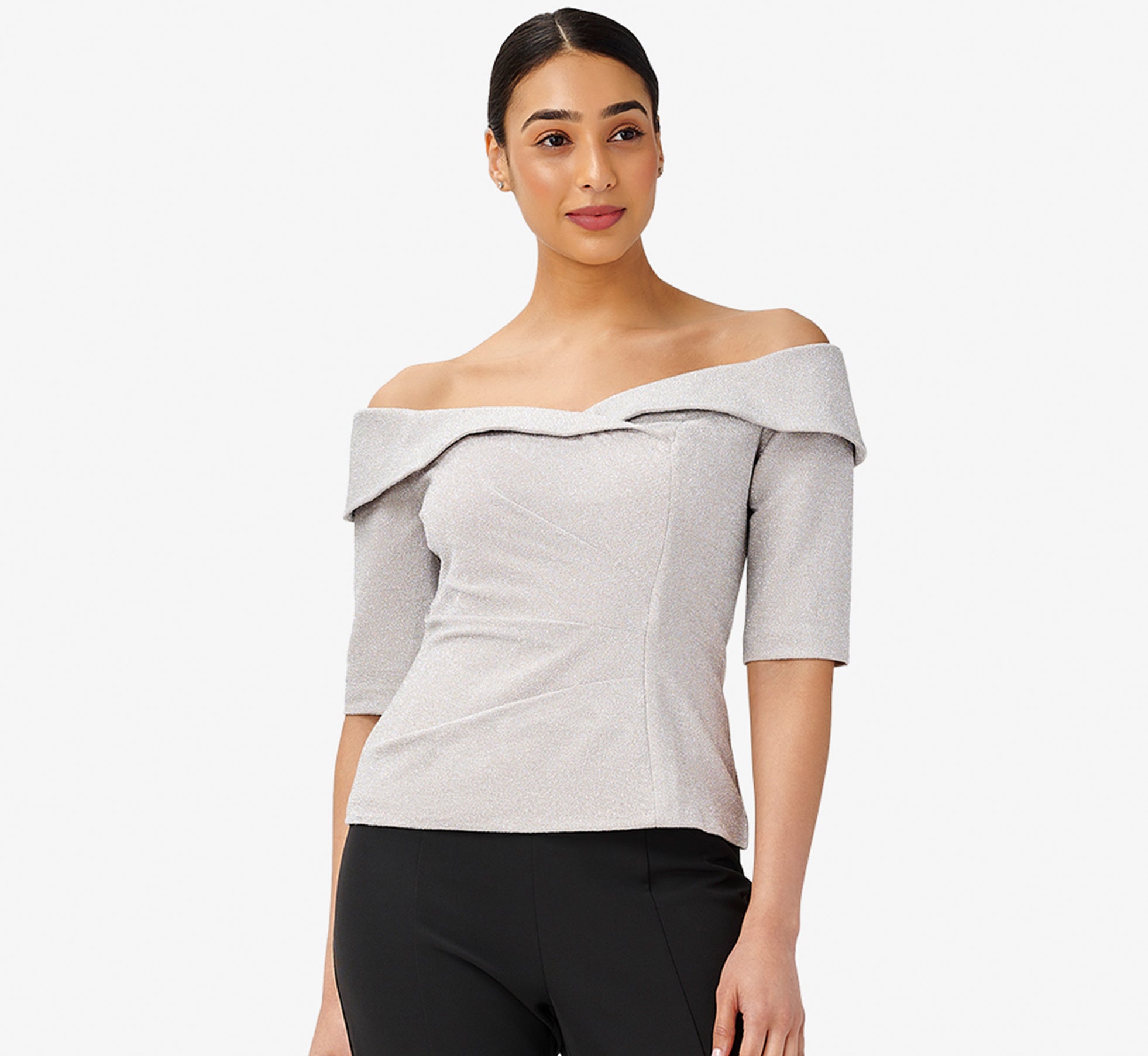 Metallic Knit Off The Shoulder Top In Marble Adrianna Papell