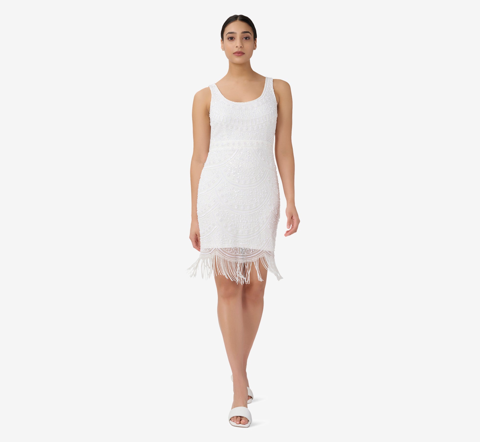 Hand Beaded And Fringed Short Sheath Cocktail Dress In Ivory