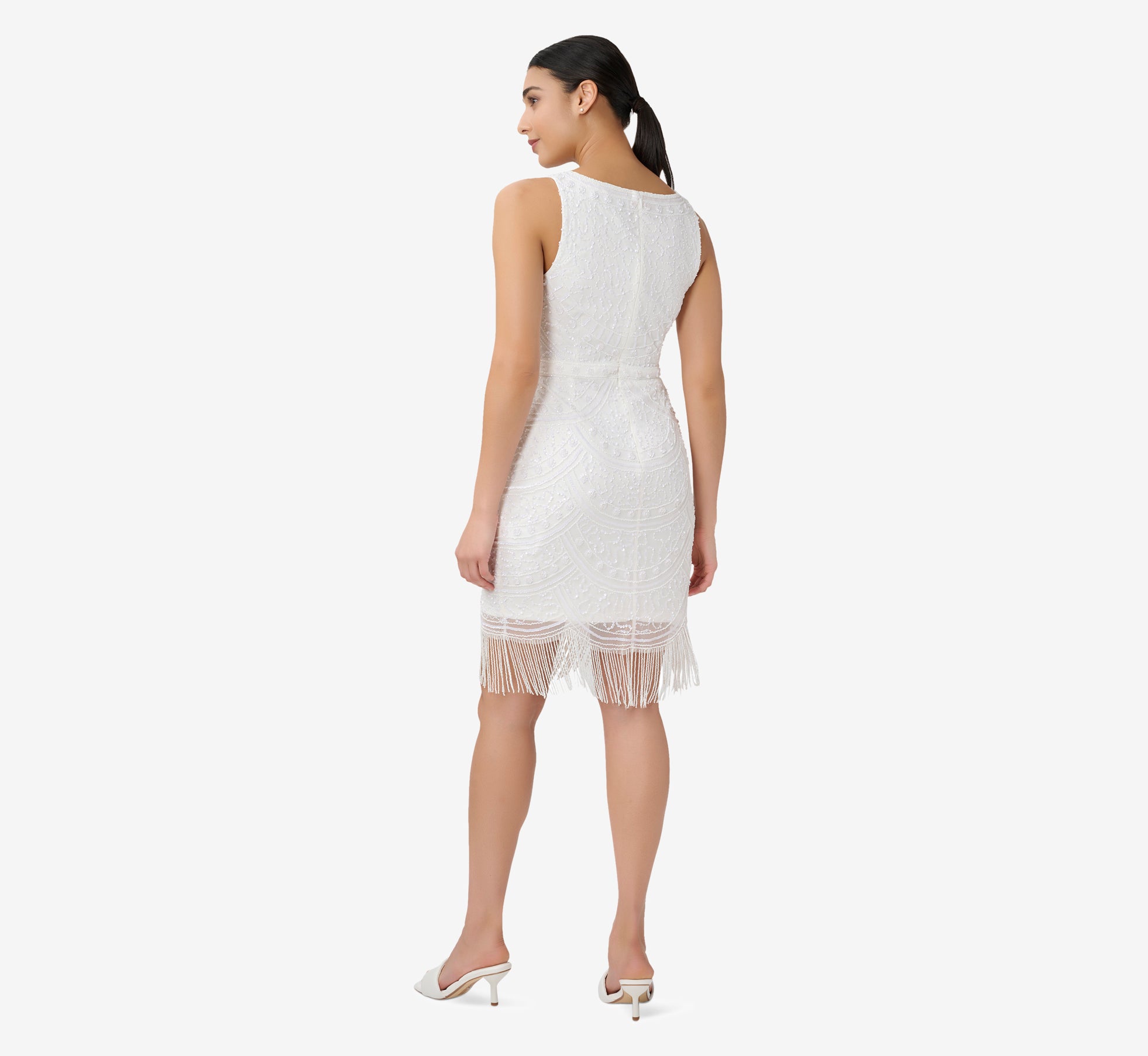 Hand Beaded And Fringed Short Sheath Cocktail Dress In Ivory