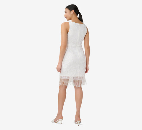 Hand-Beaded And Fringed Short Sheath Cocktail Dress In Ivory
