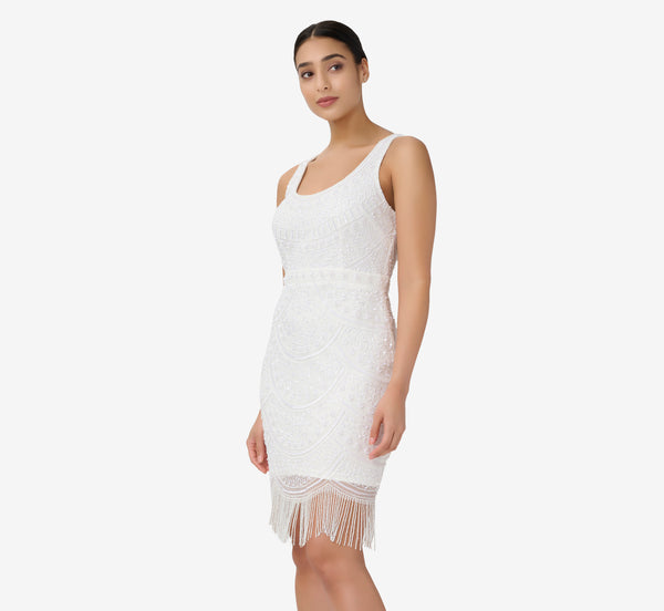 Hand Beaded And Fringed Short Sheath Cocktail Dress In Ivory