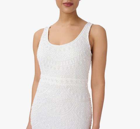 Hand-Beaded And Fringed Short Sheath Cocktail Dress In Ivory