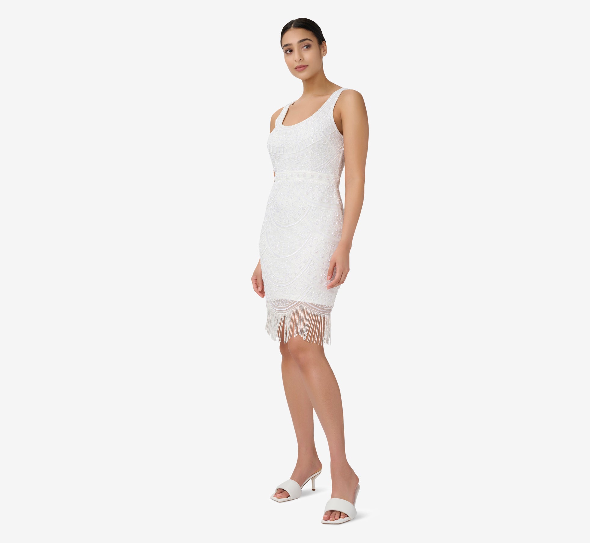 Hand Beaded And Fringed Short Sheath Cocktail Dress In Ivory