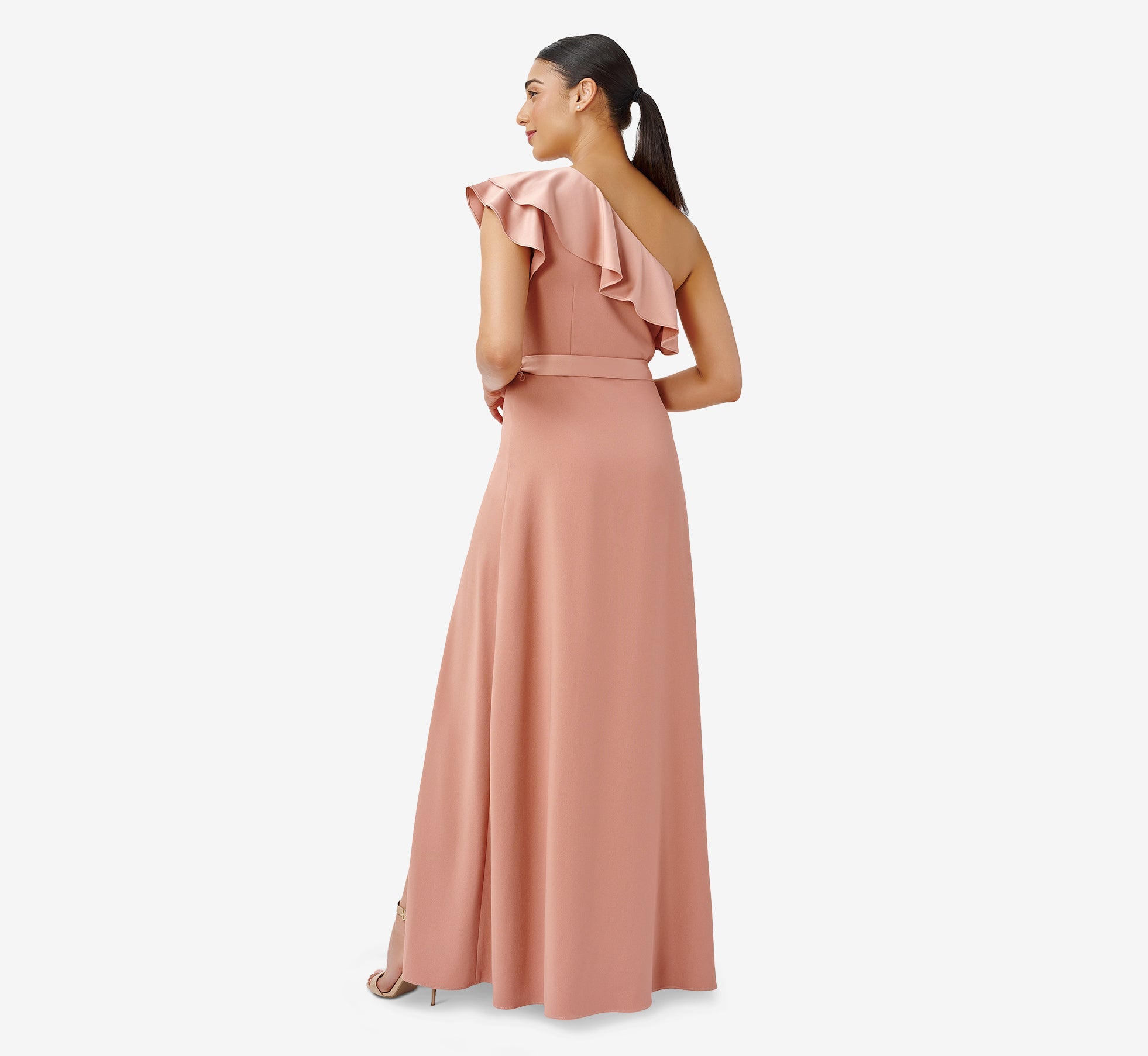 Satin Crepe One-Shoulder Ruffled Long Gown In Toffee | Adrianna Papell