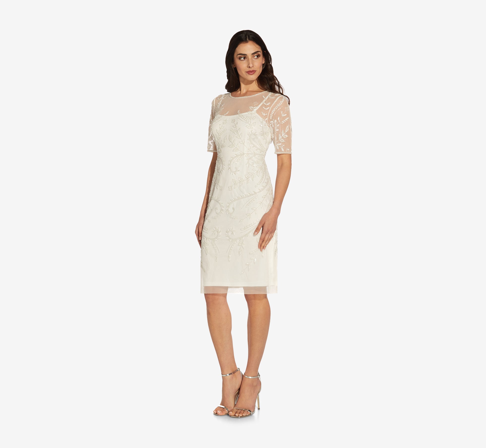 Handed Beaded Illusion Midi Length Sheath Cocktail Dress In Ivory