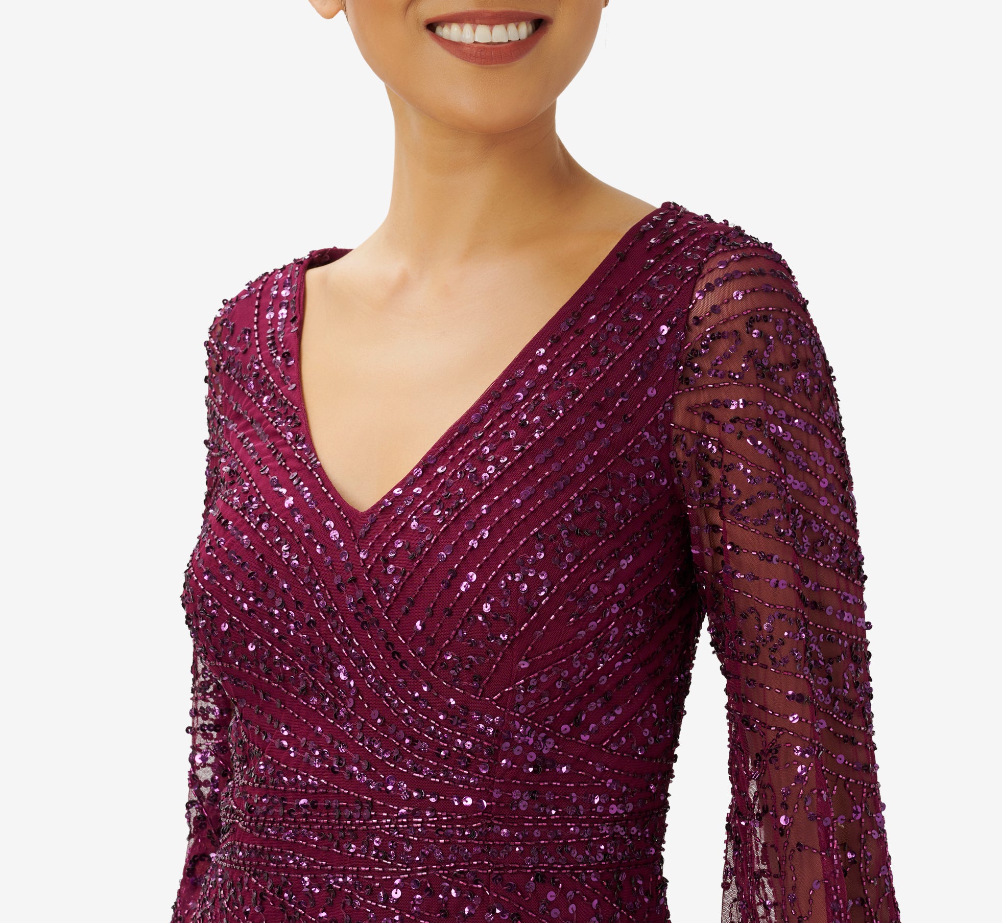 Hand Beaded Illusion Long Gown In Bordeaux Adrianna Papell