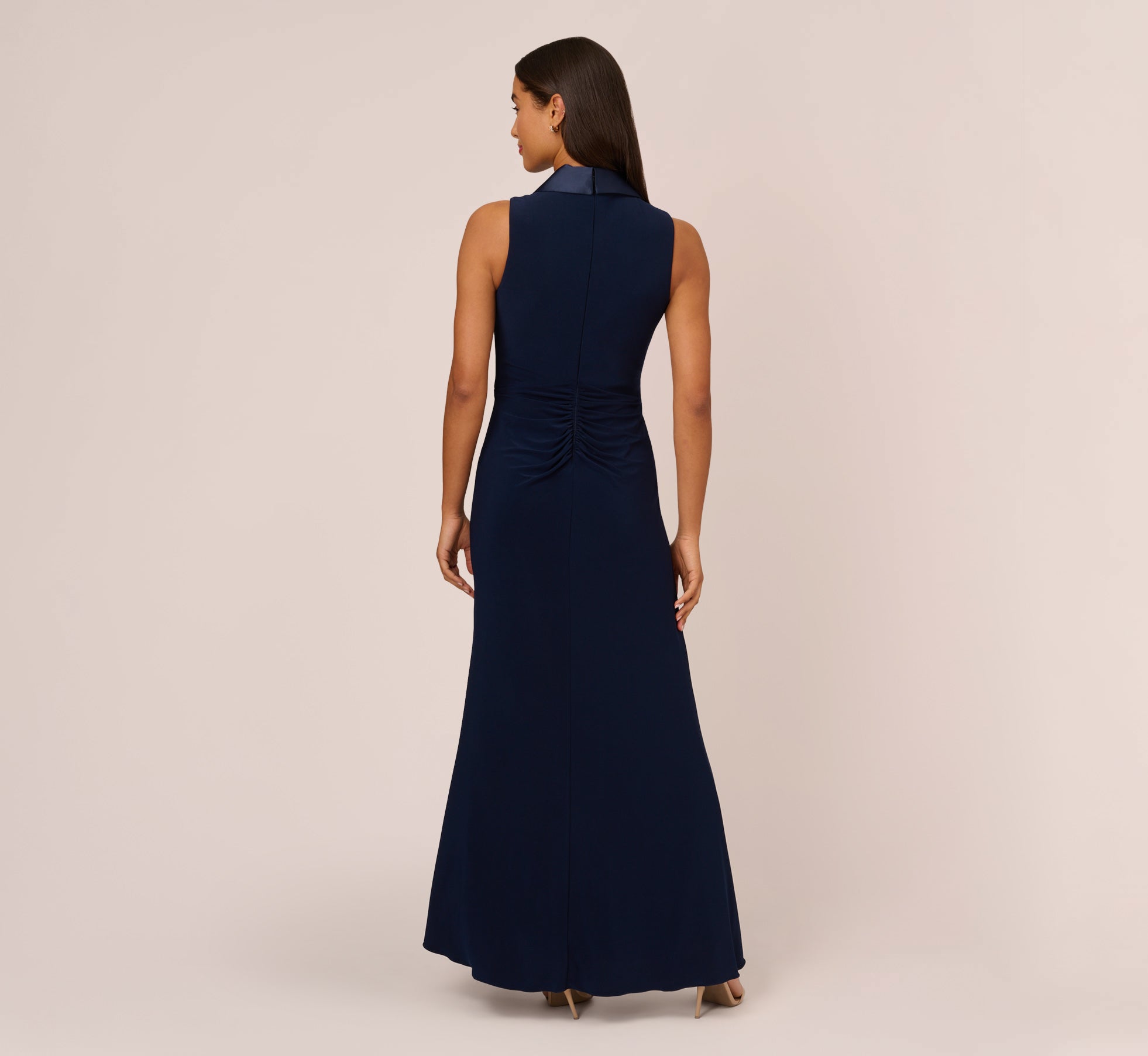 Matte Jersey Twist Front Tuxedo Long Gown In Midnight Adrianna