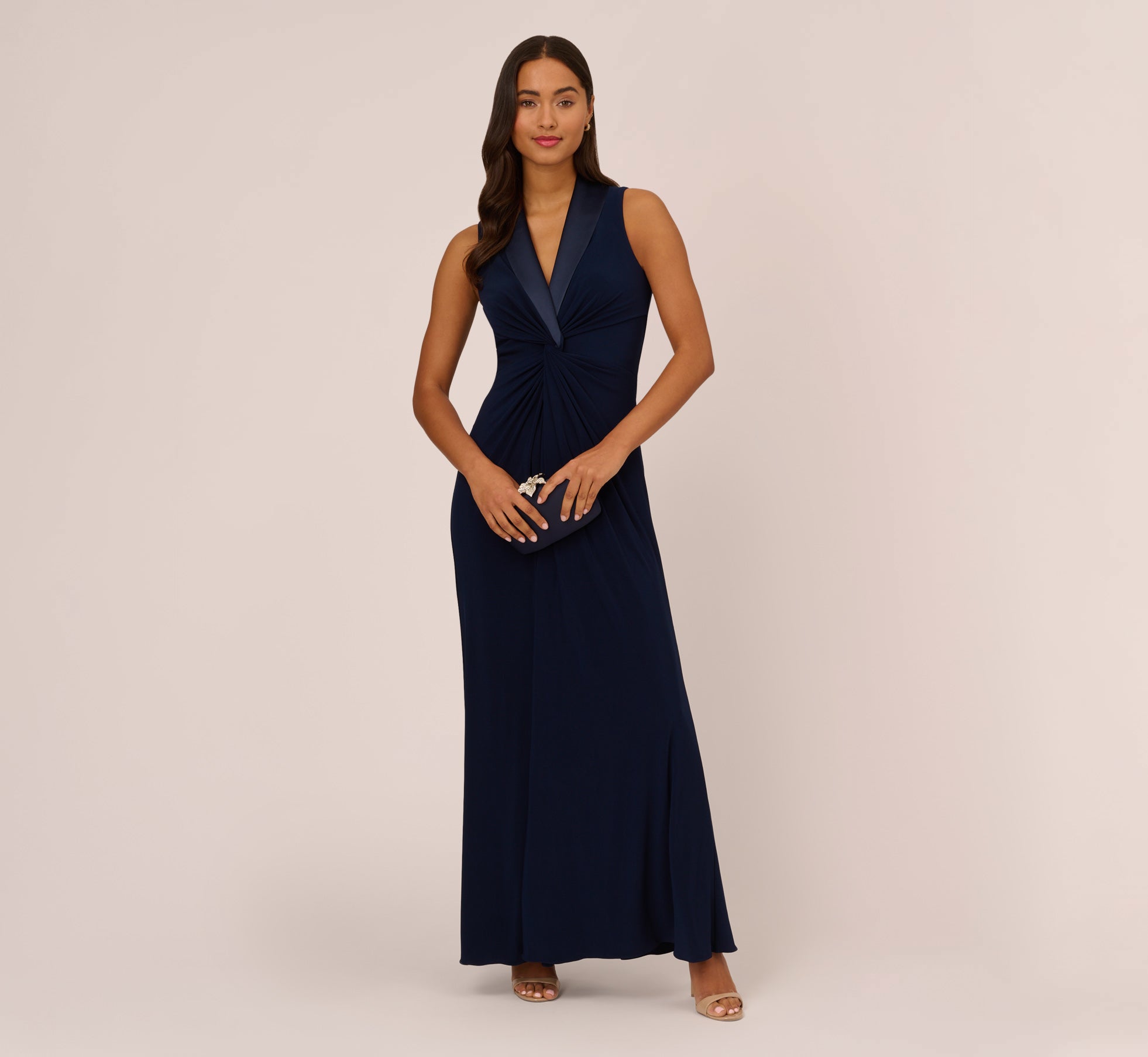 Matte Jersey Twist Front Tuxedo Long Gown In Midnight Adrianna