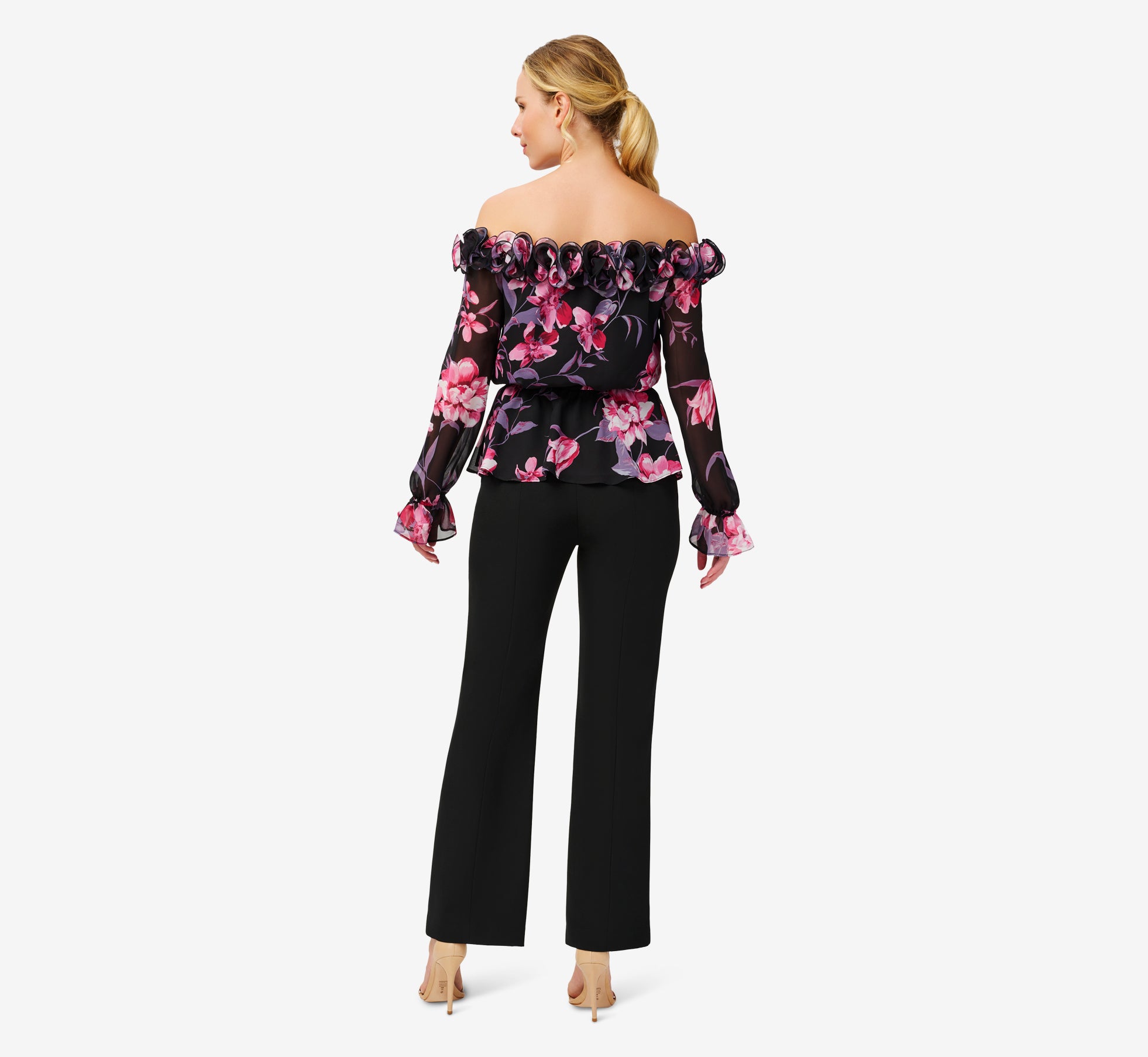 Floral-Print Chiffon Off-The-Shoulder Top With Rosettes In Black 