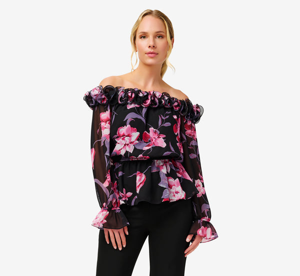 Floral Print Chiffon Off The Shoulder Top With Rosettes In Black