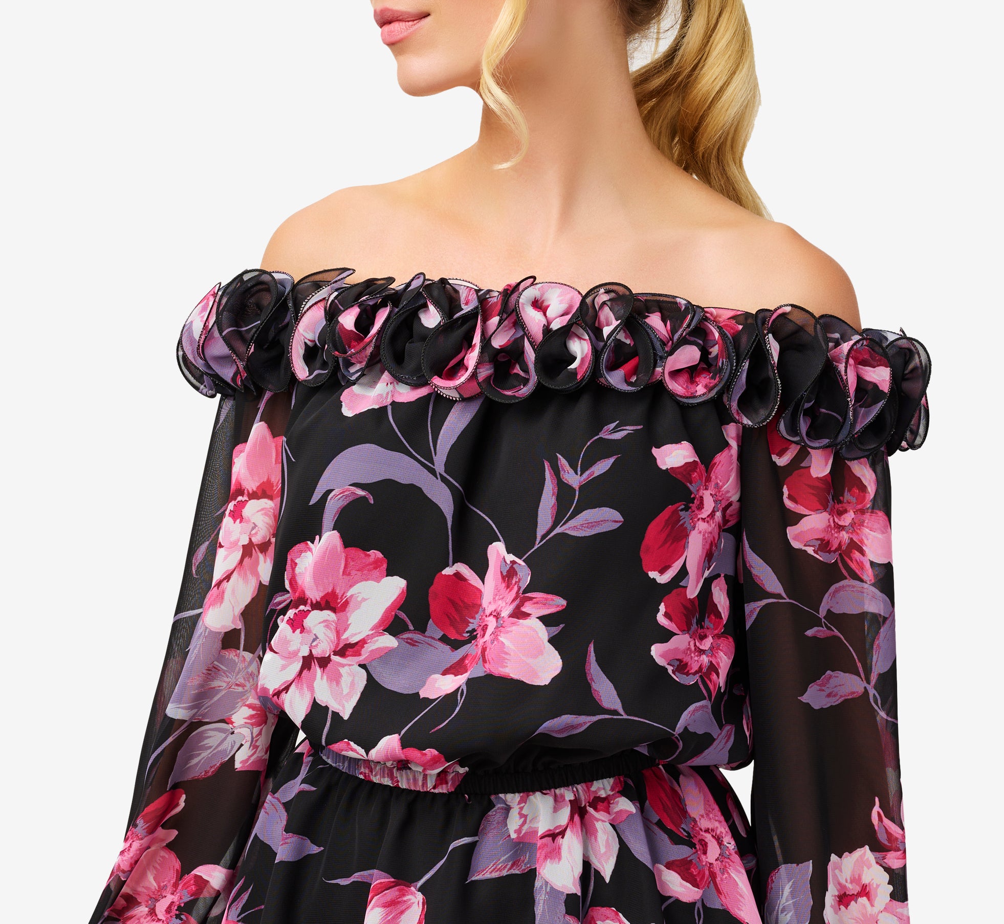 Floral Print Chiffon Off The Shoulder Top With Rosettes In Black