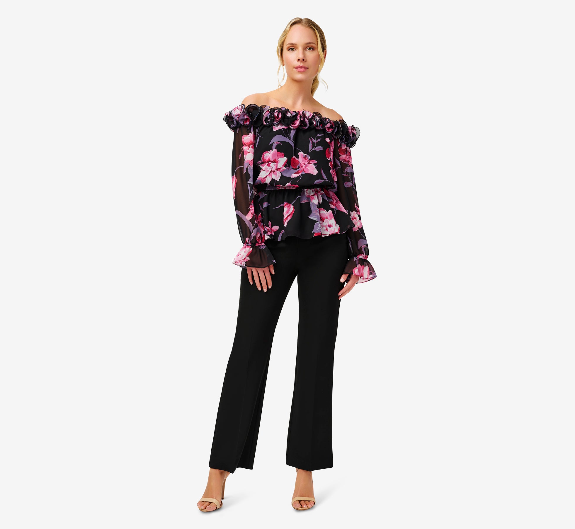 Floral Print Chiffon Off The Shoulder Top With Rosettes In Black