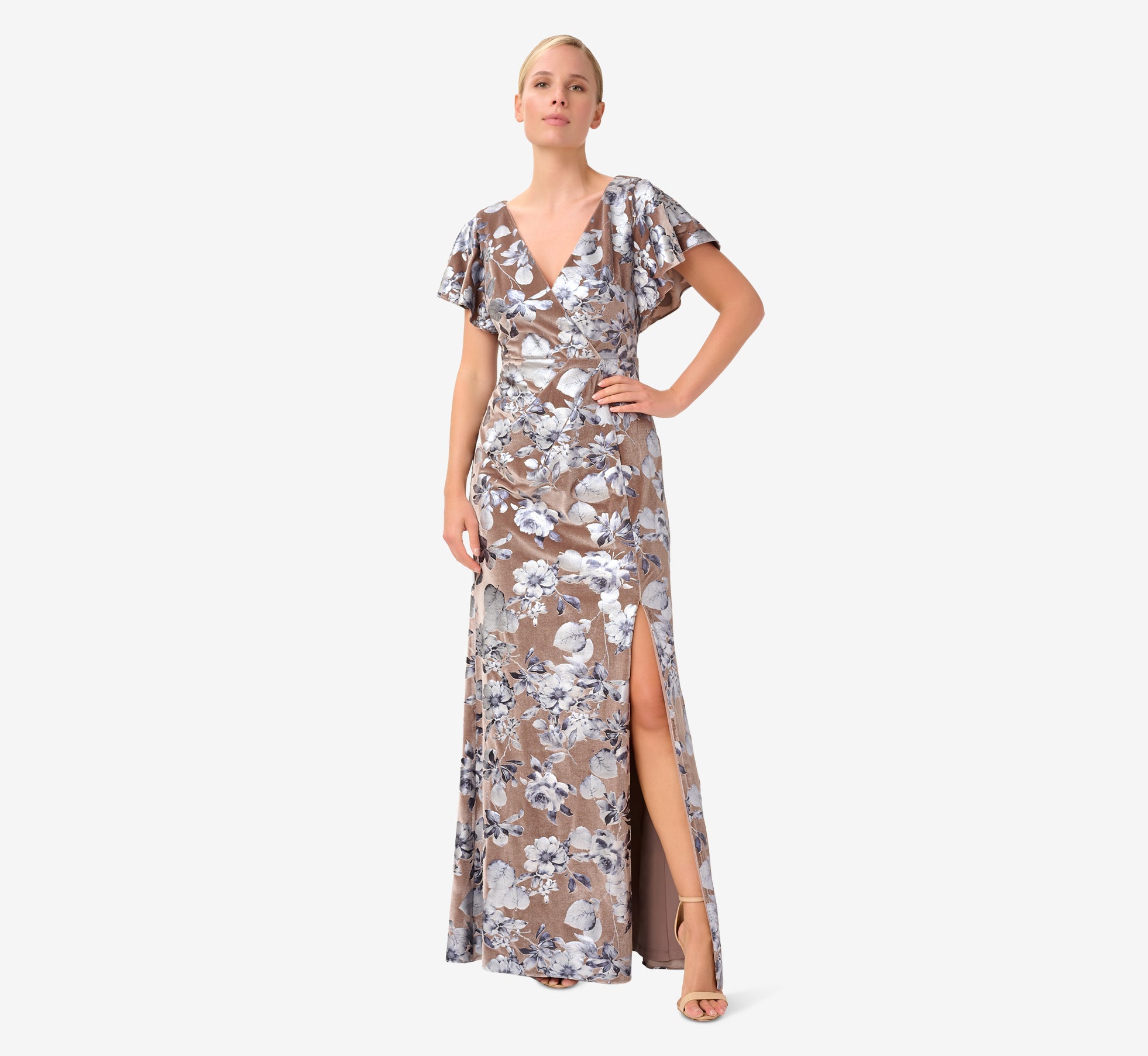 Foil Floral Print Velvet Long Gown In Taupe Adrianna Papell