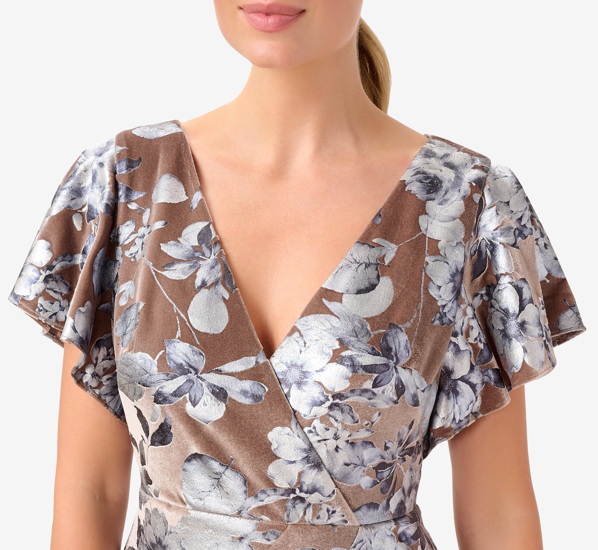 Foil Floral Print Velvet Long Gown In Taupe Adrianna Papell