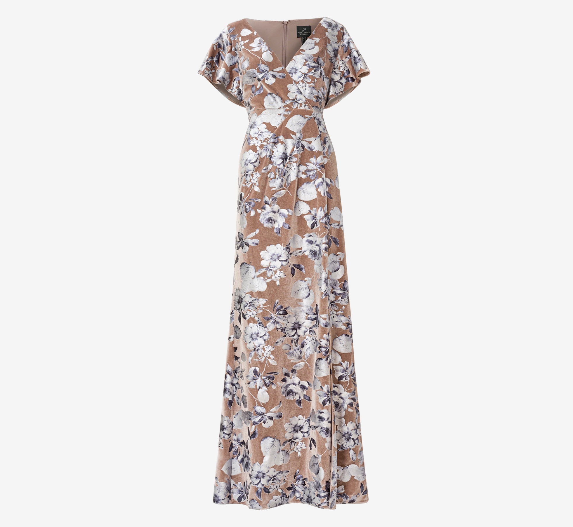 Foil Floral Print Velvet Long Gown In Taupe Adrianna Papell