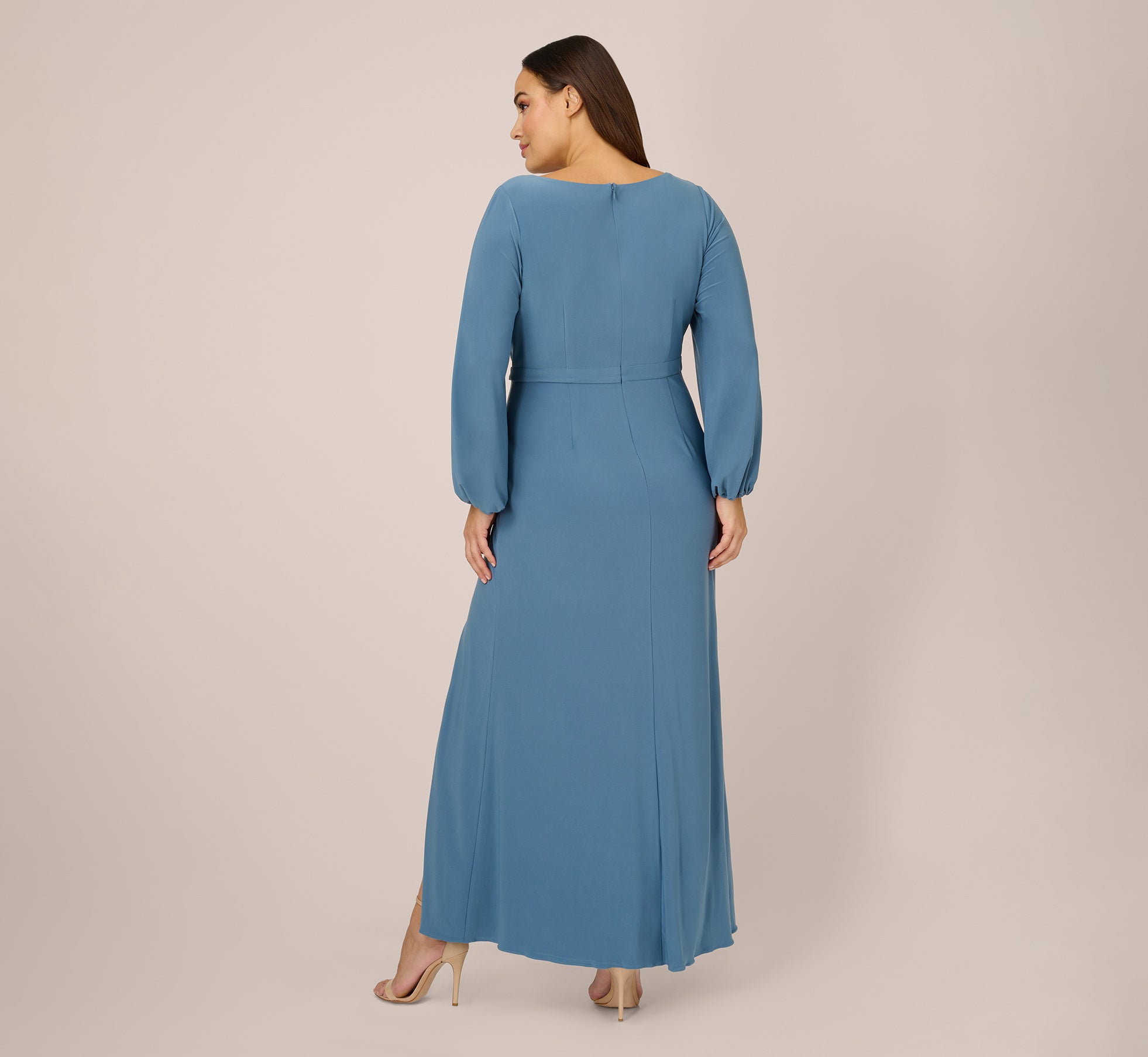 Plus Size Jersey Faux Wrap Gown With Cascading Ruffle And Slit In