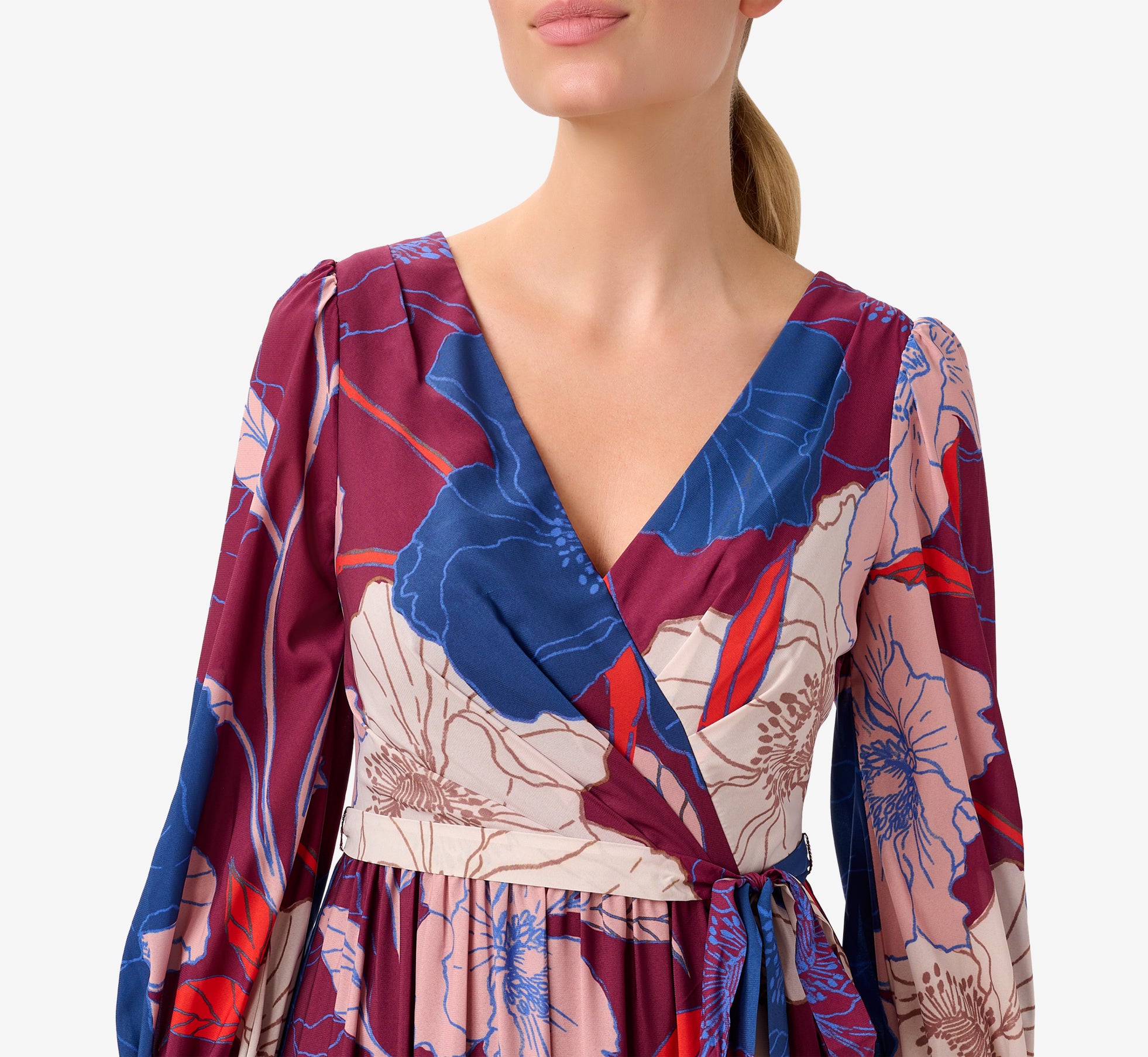 Floral-Print Faux Wrap Long Chiffon Gown In Burgundy Multi