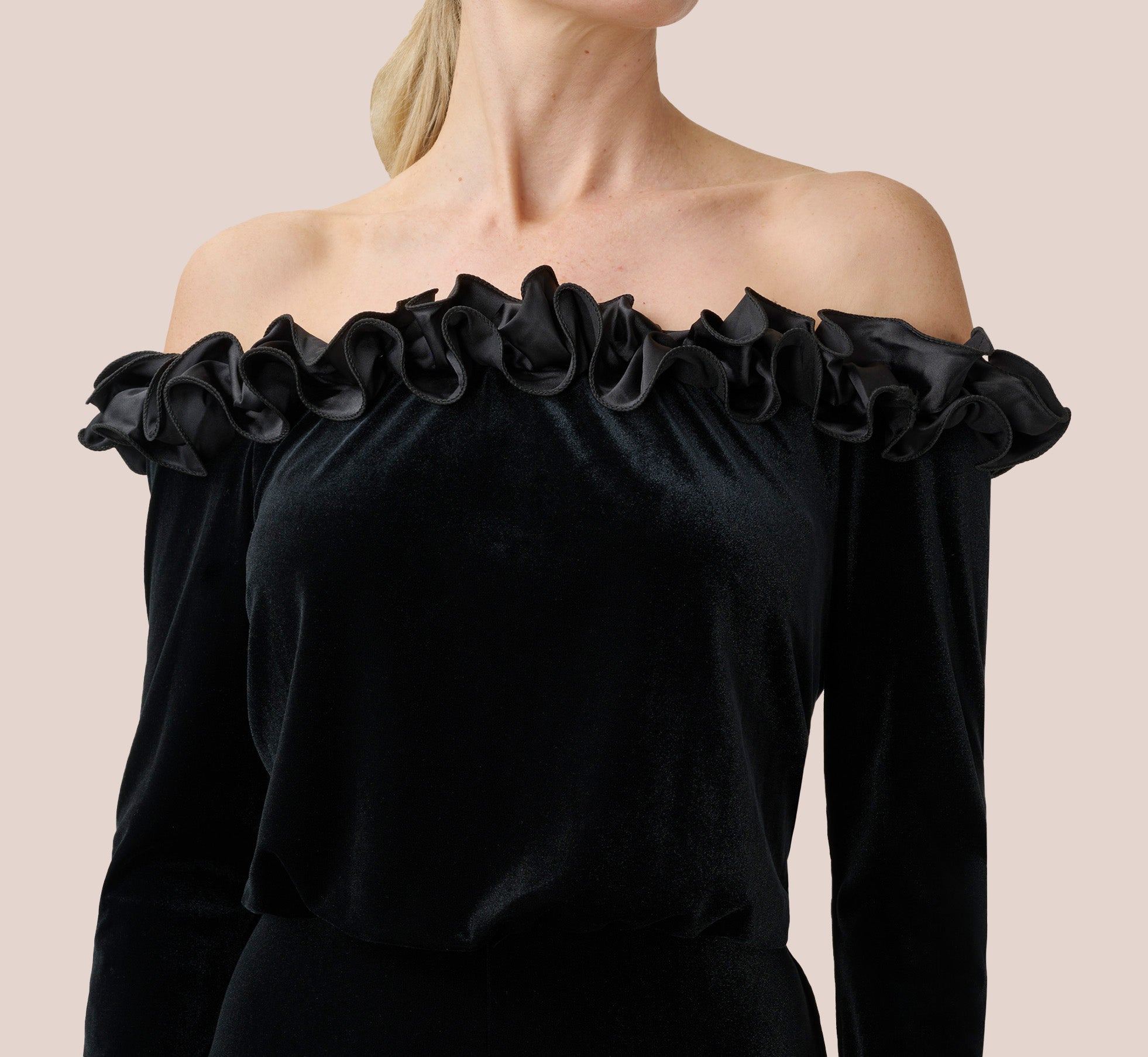 Off The Shoulder Velvet Blouson Jumpsuit With Satin Rosettes In