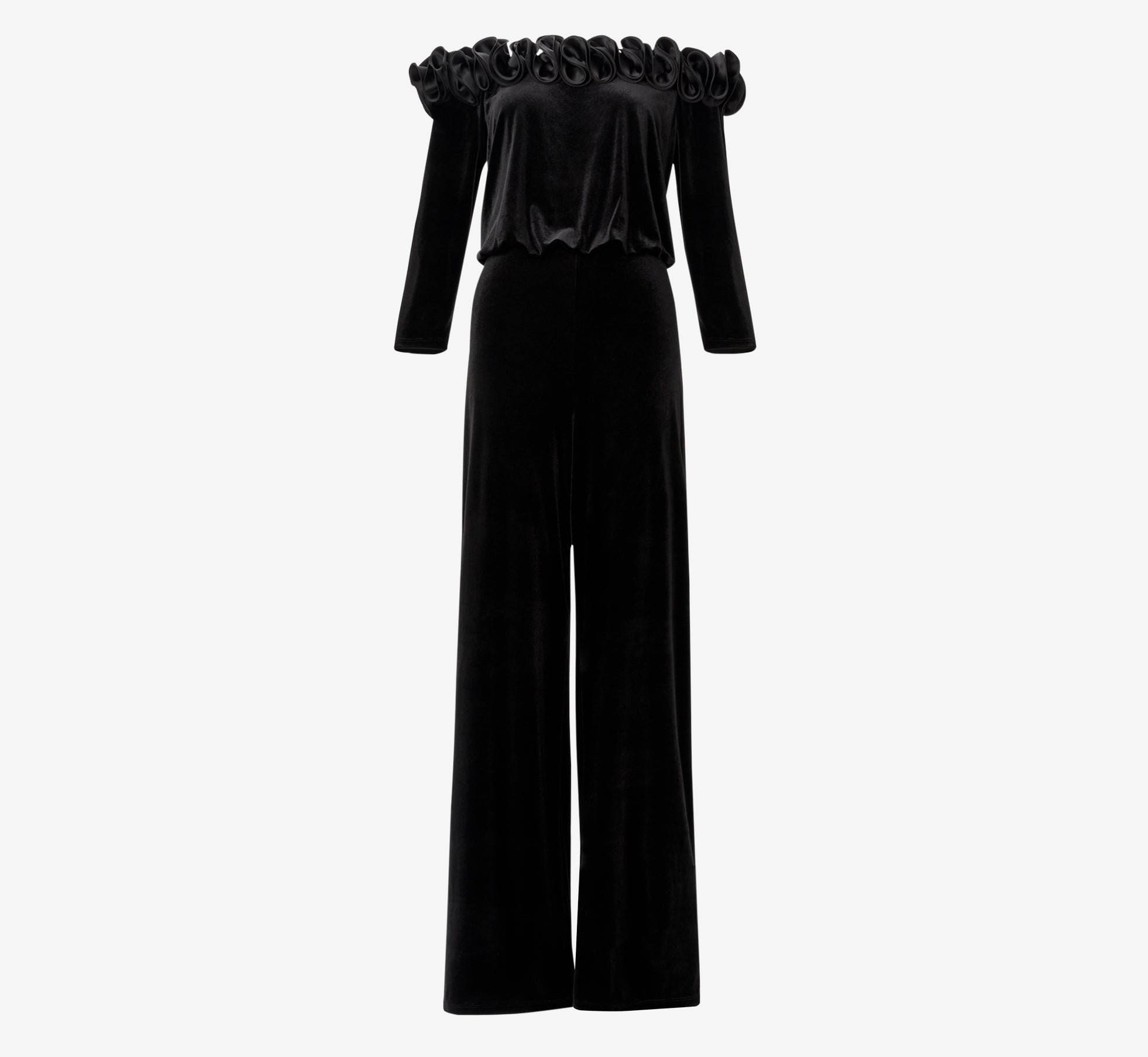 Off The Shoulder Velvet Blouson Jumpsuit With Satin Rosettes In