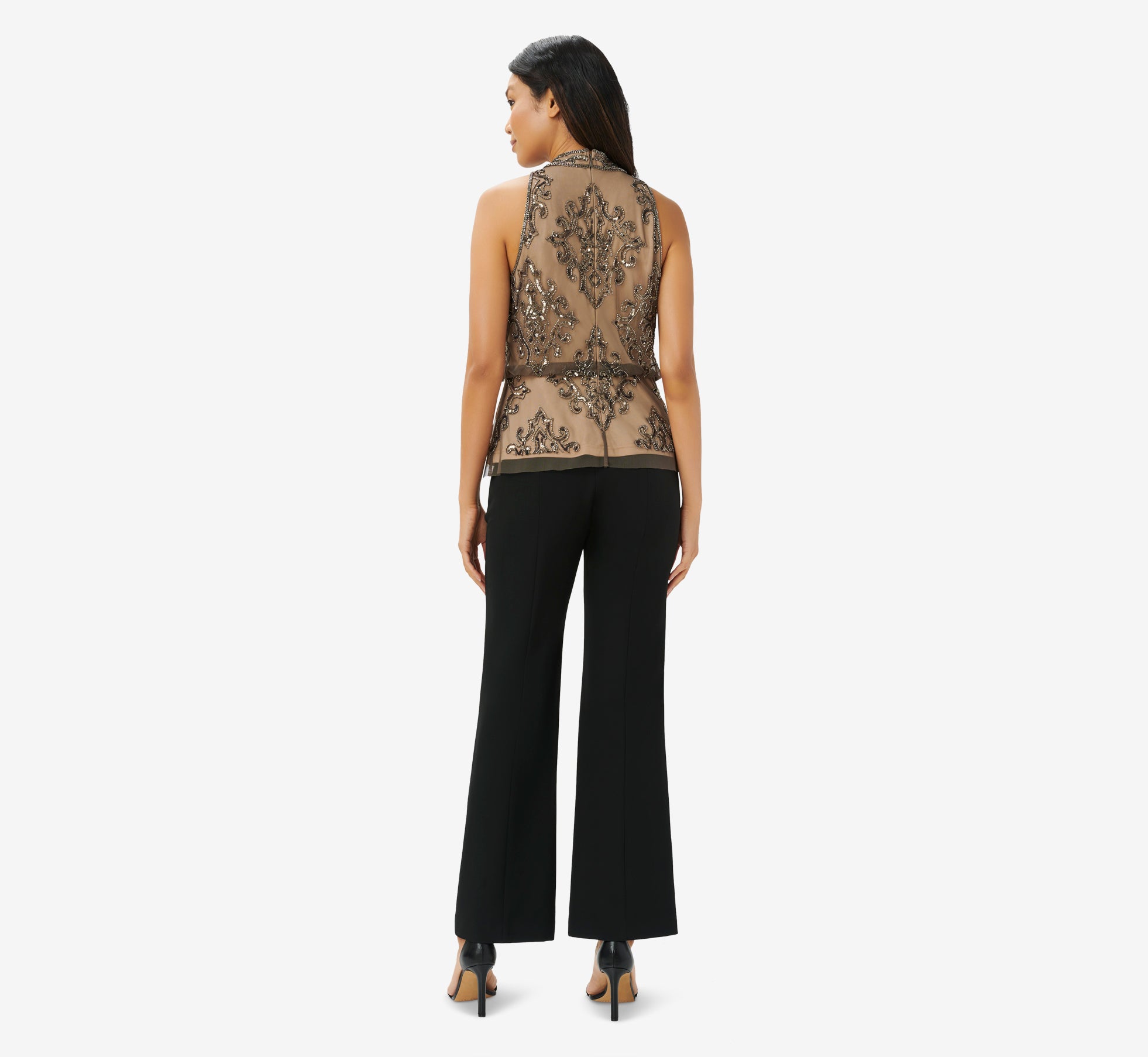 Hand Beaded Blouson Halter Top In Lead Nude Adrianna Papell