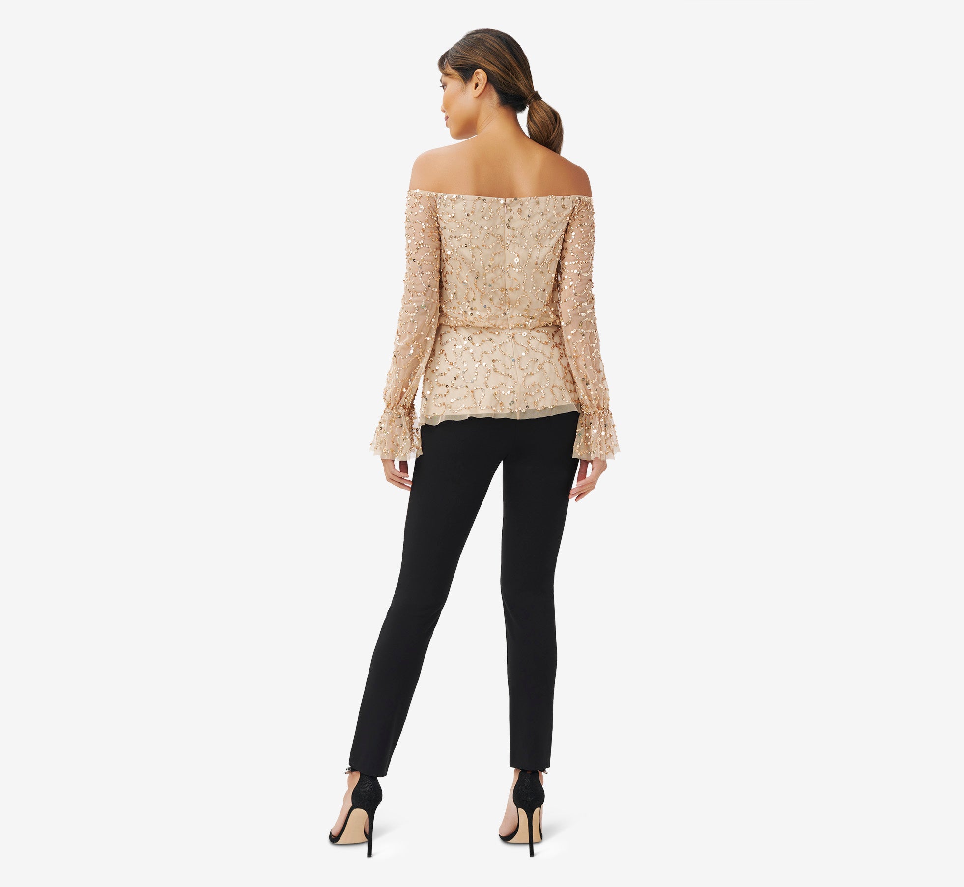 Hand Beaded Off The Shoulder Blouson Top In Champagne Gold