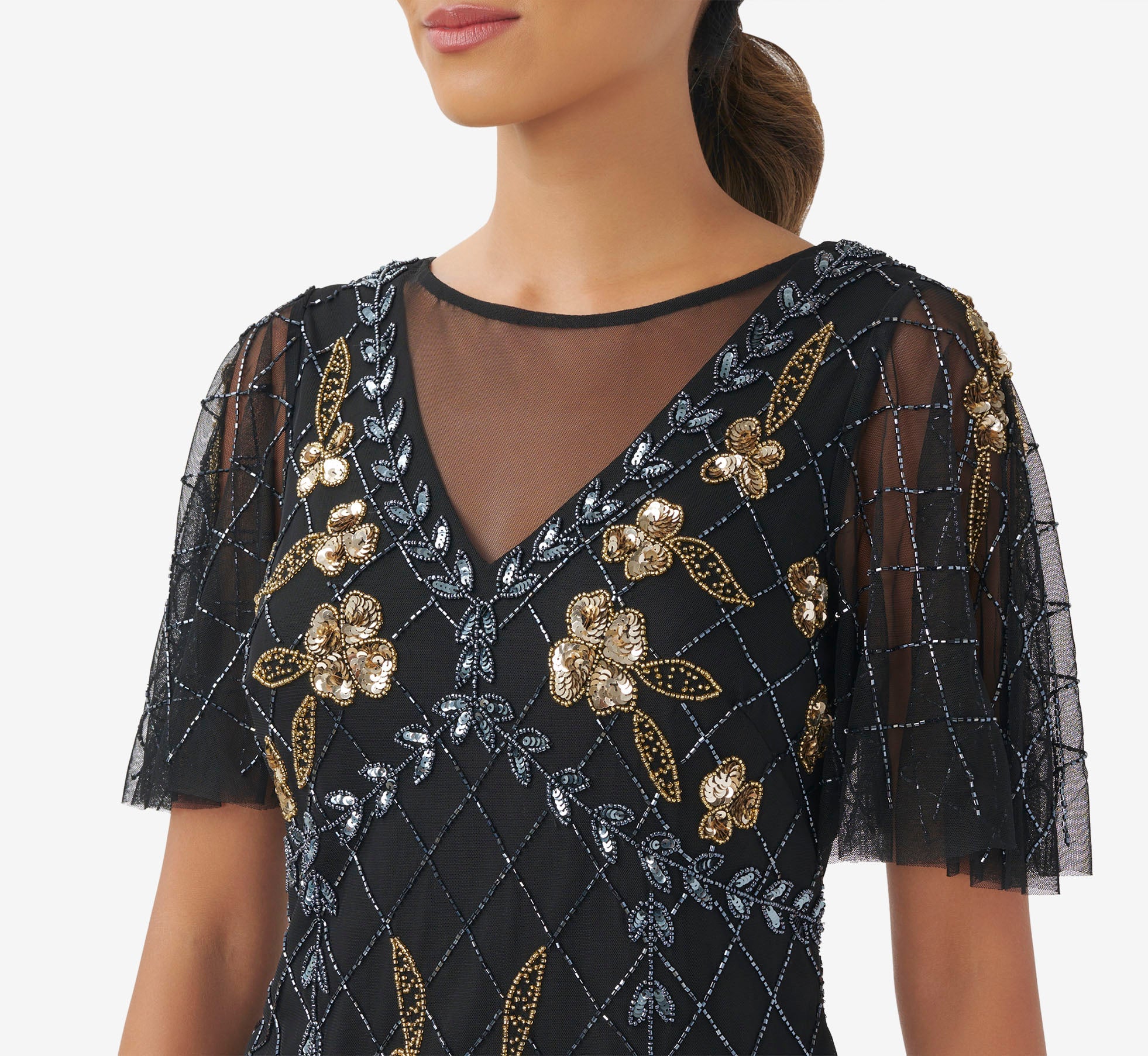 Hand Beaded Illusion Top With Flutter Sleeves In Black Gold