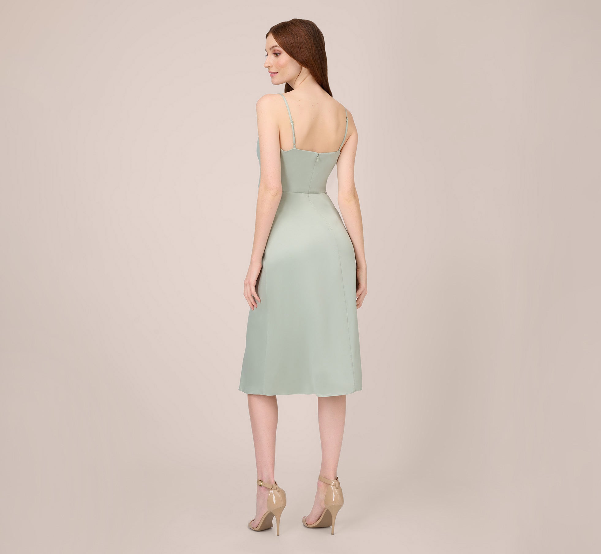 Satin Midi Length Fit And Flare Cocktail Dress With Cowl Neck In