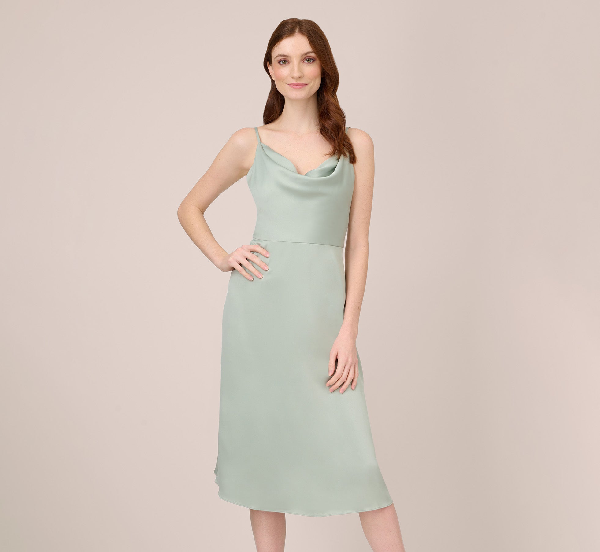 Satin Midi Length Fit And Flare Cocktail Dress With Cowl Neck In